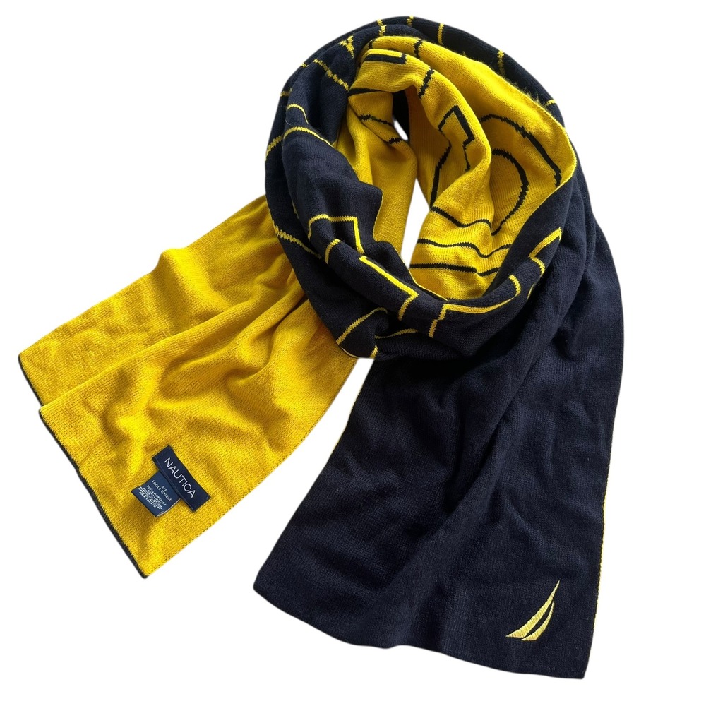 Nautica Signature Navy Blue Yellow Logo Reversible Knit Winter Scarf NT00038 Coz